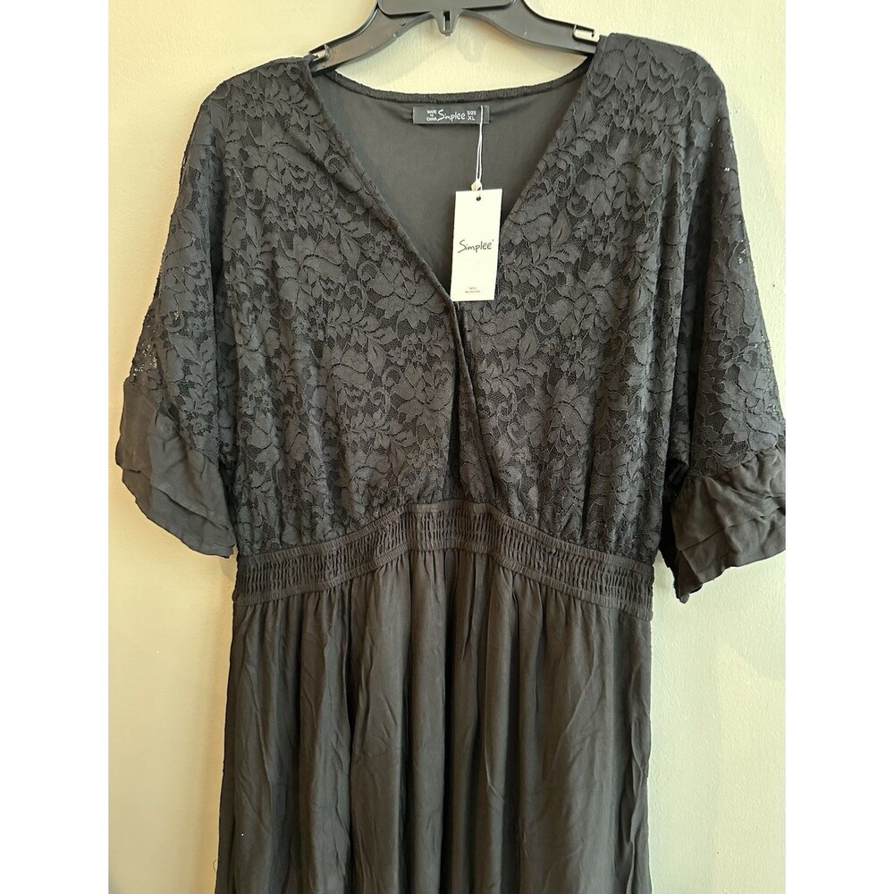 Simplee Women's Maxi Size XL Black Boho Style Dress Short Sleeve V Neck NWT NEW - Picture 5 of 6